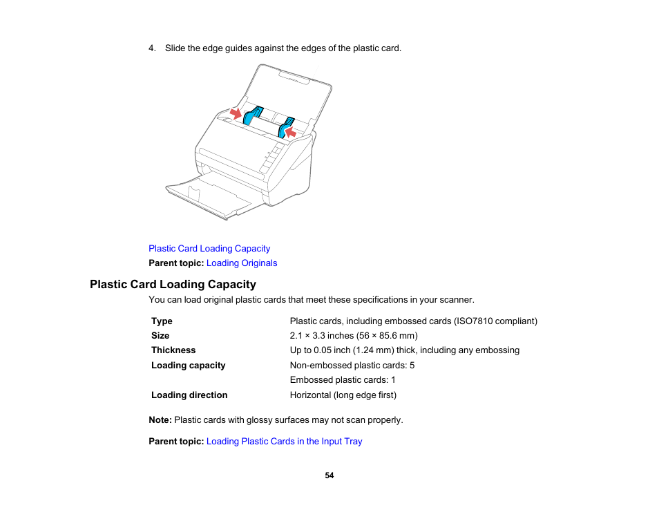 Plastic card loading capacity | Epson FastFoto FF-680W Photo Scanner User Manual | Page 54 / 120