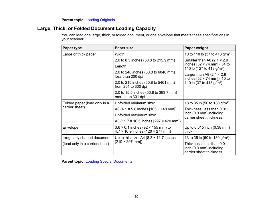 Large, thick, or folded document loading capacity | Epson FastFoto FF-680W Photo Scanner User Manual | Page 60 / 120