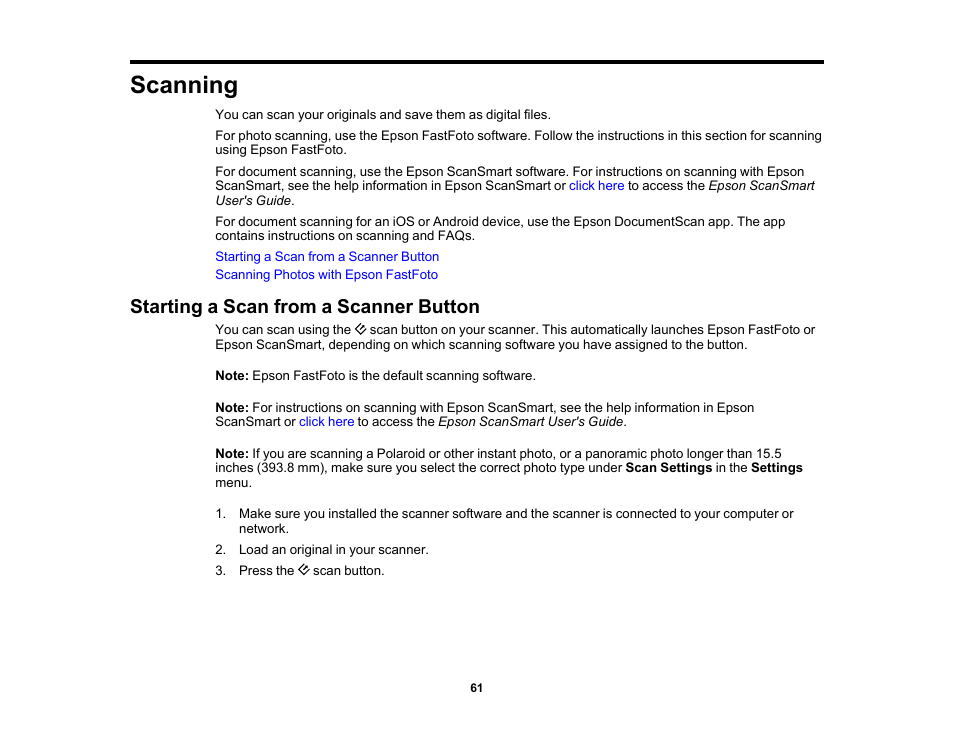 Scanning, Starting a scan from a scanner button | Epson FastFoto FF-680W Photo Scanner User Manual | Page 61 / 120