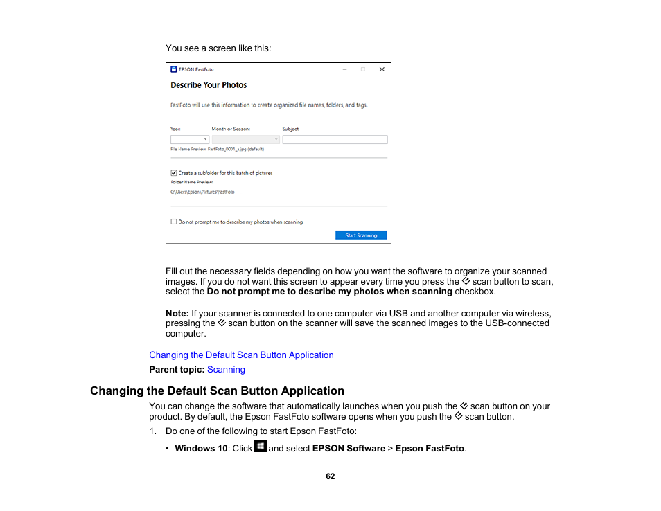 Changing the default scan button application | Epson FastFoto FF-680W Photo Scanner User Manual | Page 62 / 120