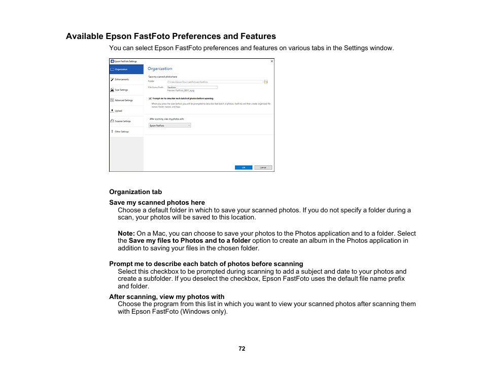 Available epson fastfoto preferences and features | Epson FastFoto FF-680W Photo Scanner User Manual | Page 72 / 120