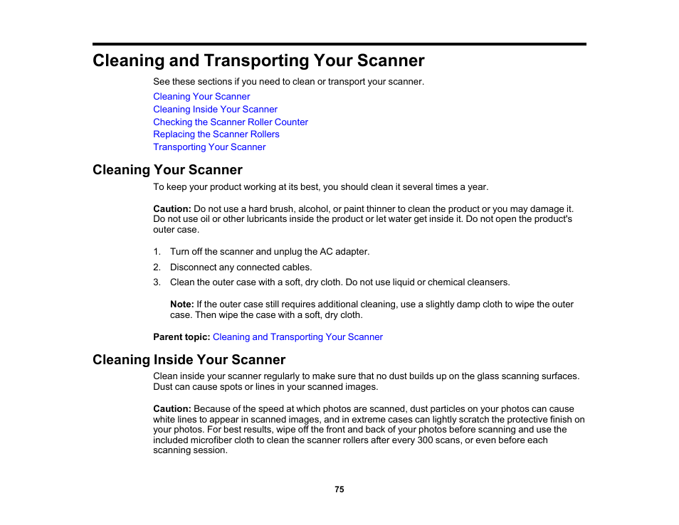 Cleaning and transporting your scanner, Cleaning your scanner, Cleaning inside your scanner | Cleaning your scanner cleaning inside your scanner | Epson FastFoto FF-680W Photo Scanner User Manual | Page 75 / 120