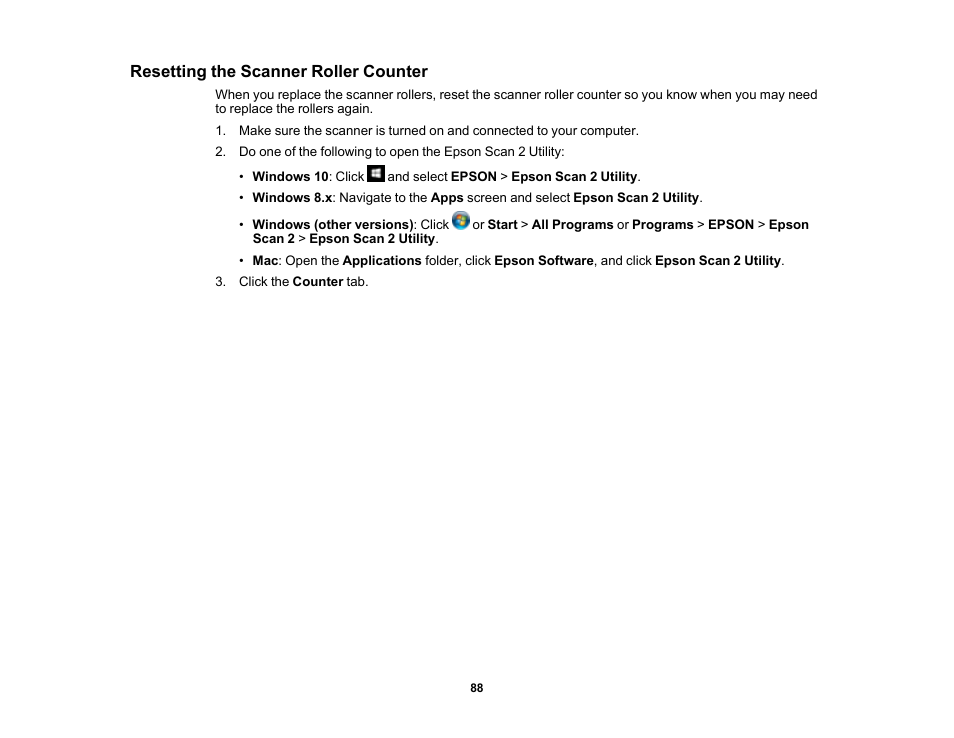 Resetting the scanner roller counter | Epson FastFoto FF-680W Photo Scanner User Manual | Page 88 / 120