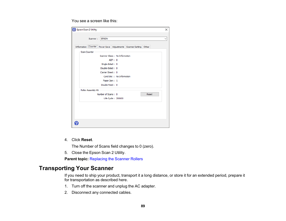 Transporting your scanner | Epson FastFoto FF-680W Photo Scanner User Manual | Page 89 / 120