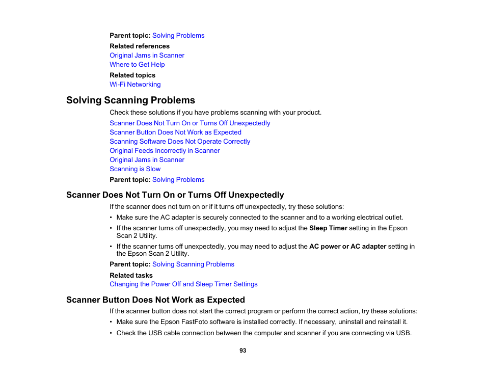 Solving scanning problems, Scanner does not turn on or turns off unexpectedly, Scanner button does not work as expected | Epson FastFoto FF-680W Photo Scanner User Manual | Page 93 / 120