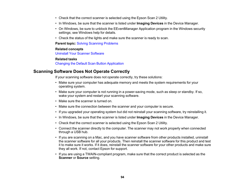 Scanning software does not operate correctly | Epson FastFoto FF-680W Photo Scanner User Manual | Page 94 / 120