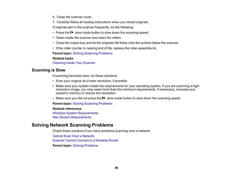 Scanning is slow, Solving network scanning problems | Epson FastFoto FF-680W Photo Scanner User Manual | Page 98 / 120