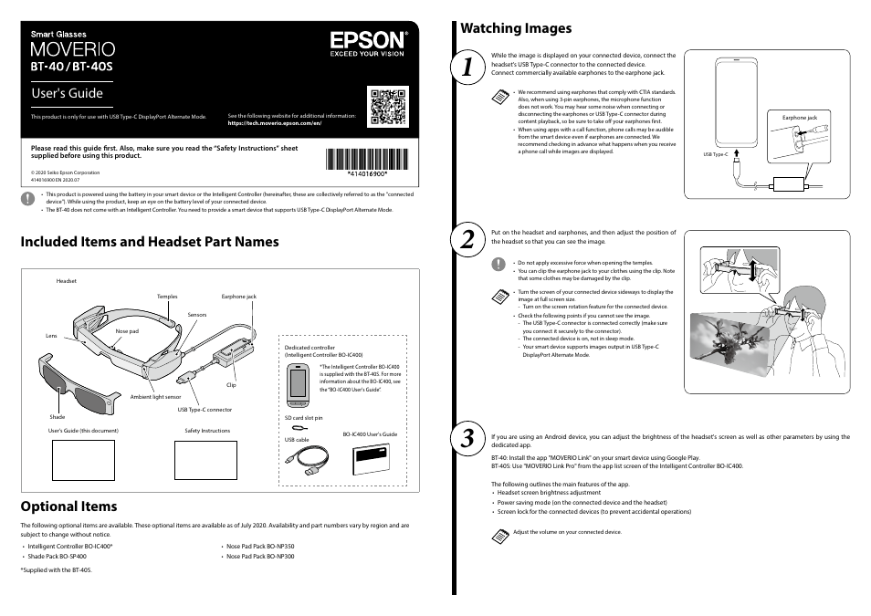 Optional items, Watching images, User's guide | Epson Moverio BT-40 Smart Glasses User Manual | Page 2 / 4