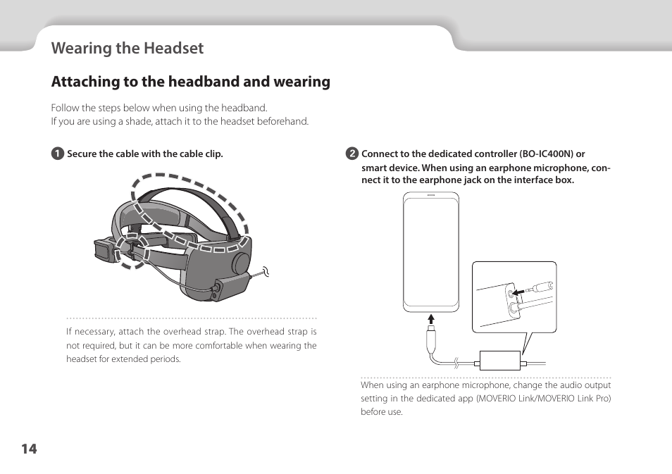 Wearing the headset, Attaching to the headband and wearing, Attaching to the headband and | Wearing" p.14, 01_chapter title, 01_head a | Epson Moverio BT-45CS AR Smart Glasses with Intelligent Controller User Manual | Page 14 / 39