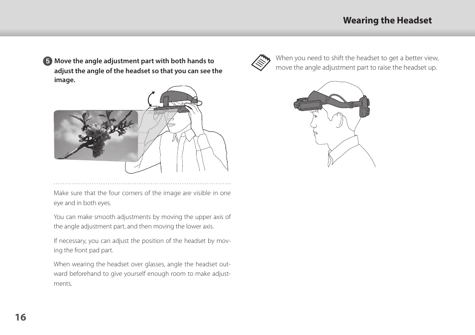 Wearing the headset | Epson Moverio BT-45CS AR Smart Glasses with Intelligent Controller User Manual | Page 16 / 39