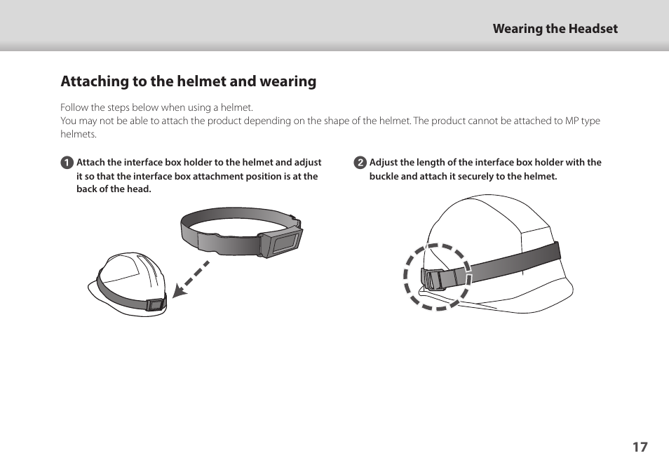 Attaching to the helmet and wearing, Attaching to the helmet and, Wearing" p.17 | Epson Moverio BT-45CS AR Smart Glasses with Intelligent Controller User Manual | Page 17 / 39