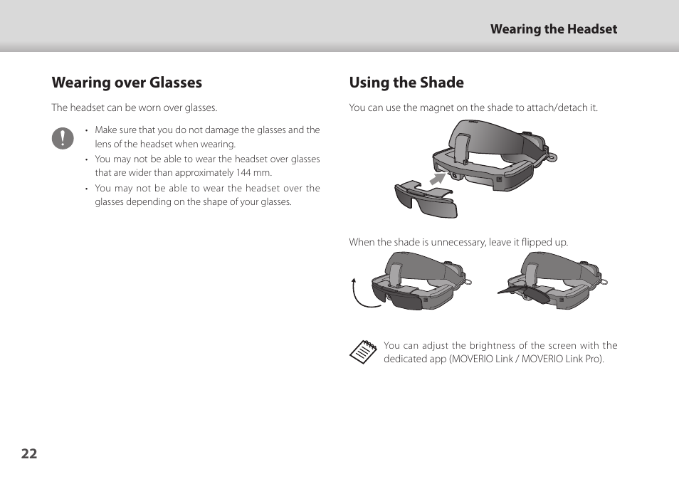 Wearing over glasses, Using the shade, Wearing over glasses using the shade | Using the shade" p.22 | Epson Moverio BT-45CS AR Smart Glasses with Intelligent Controller User Manual | Page 22 / 39