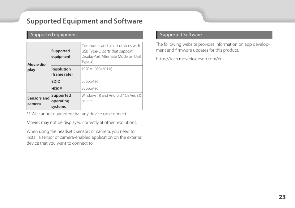 Supported equipment and software, 01_chapter title, 01_head a | Epson Moverio BT-45CS AR Smart Glasses with Intelligent Controller User Manual | Page 23 / 39