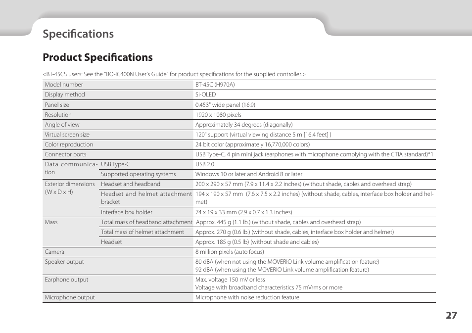 Specifications, Product specifications, 01_chapter title | 01_head a | Epson Moverio BT-45CS AR Smart Glasses with Intelligent Controller User Manual | Page 27 / 39