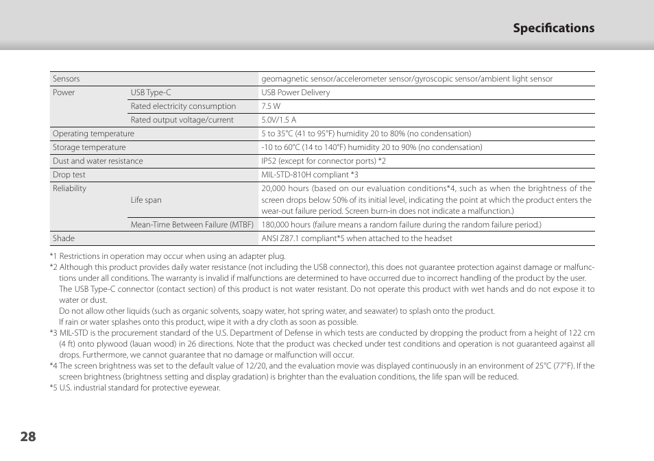 01_chapter title, 01_head a, Specifications | Epson Moverio BT-45CS AR Smart Glasses with Intelligent Controller User Manual | Page 28 / 39