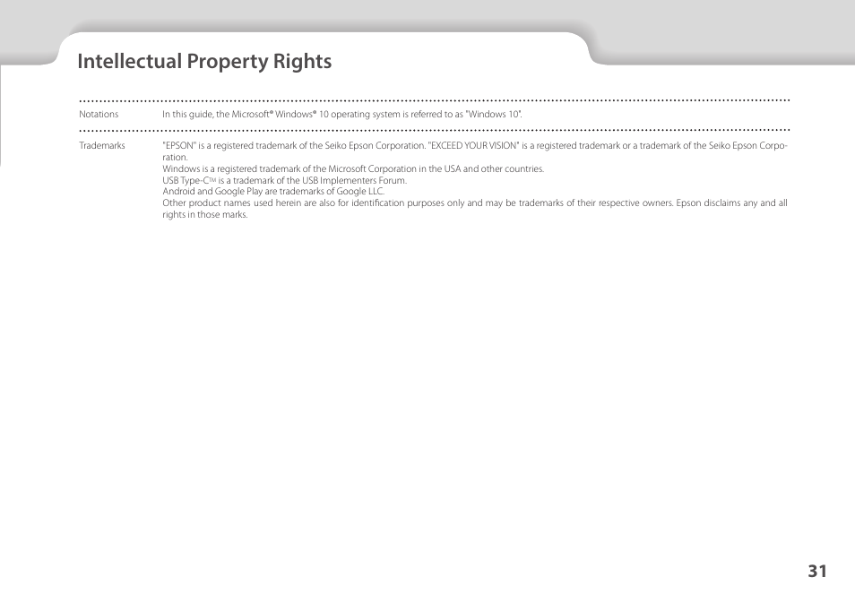 Intellectual property rights, 01_chapter title, 01_head a | Epson Moverio BT-45CS AR Smart Glasses with Intelligent Controller User Manual | Page 31 / 39