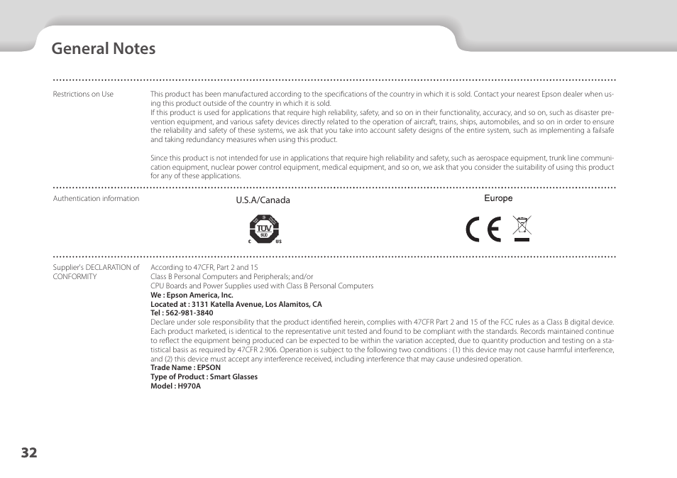 General notes, 01_chapter title, 01_head a | Epson Moverio BT-45CS AR Smart Glasses with Intelligent Controller User Manual | Page 32 / 39