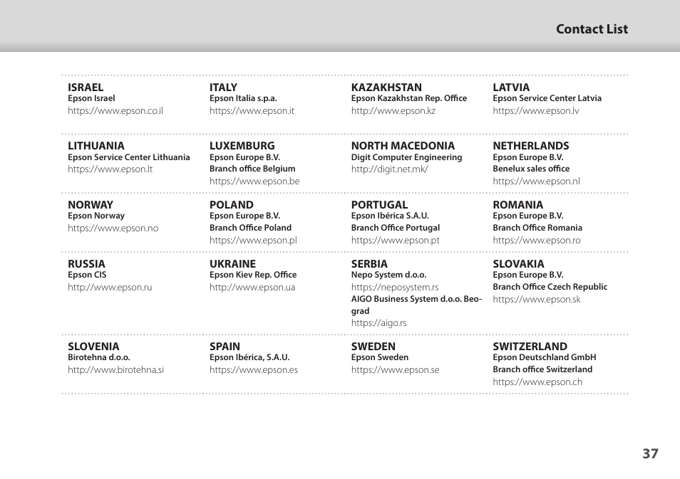 Contact list | Epson Moverio BT-45CS AR Smart Glasses with Intelligent Controller User Manual | Page 37 / 39