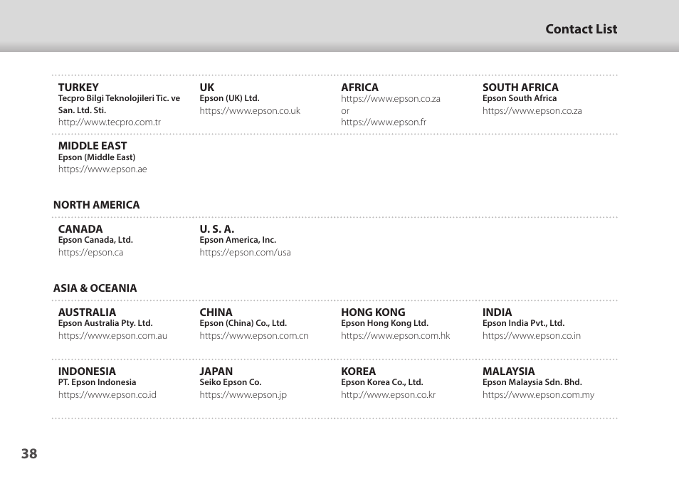 Contact list | Epson Moverio BT-45CS AR Smart Glasses with Intelligent Controller User Manual | Page 38 / 39