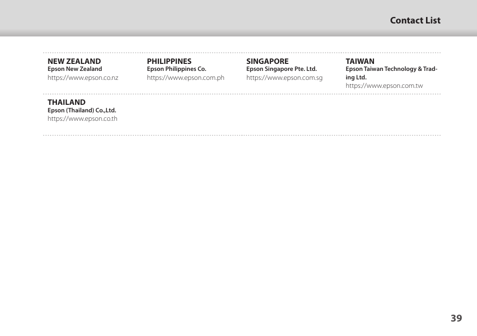 Contact list | Epson Moverio BT-45CS AR Smart Glasses with Intelligent Controller User Manual | Page 39 / 39