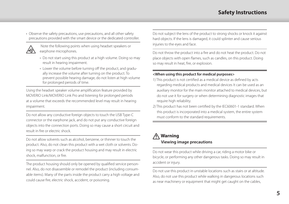 Safety instructions | Epson Moverio BT-45CS AR Smart Glasses with Intelligent Controller User Manual | Page 5 / 39