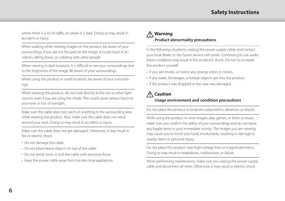 Safety instructions | Epson Moverio BT-45CS AR Smart Glasses with Intelligent Controller User Manual | Page 6 / 39