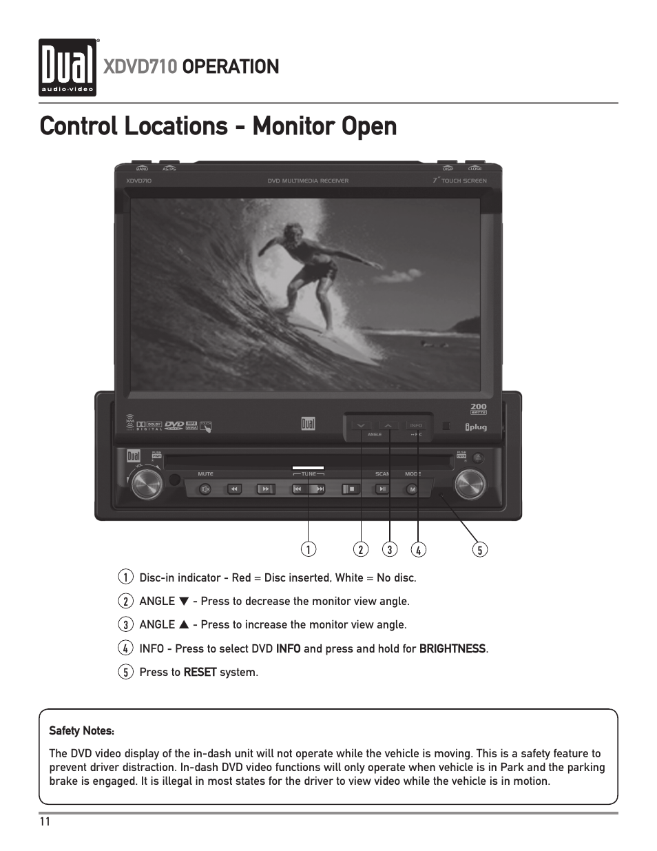 Control locations - monitor open, Xdvd710 operation | Dual XDVD710 User Manual | Page 12 / 60