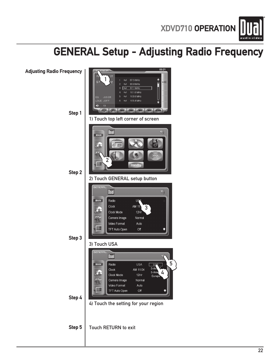 General setup - adjusting radio frequency | Dual XDVD710 User Manual | Page 23 / 60