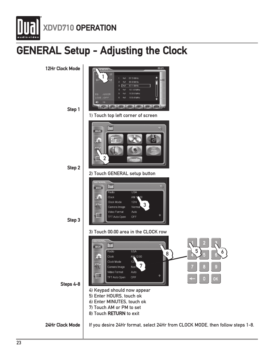 General setup - adjusting the clock | Dual XDVD710 User Manual | Page 24 / 60