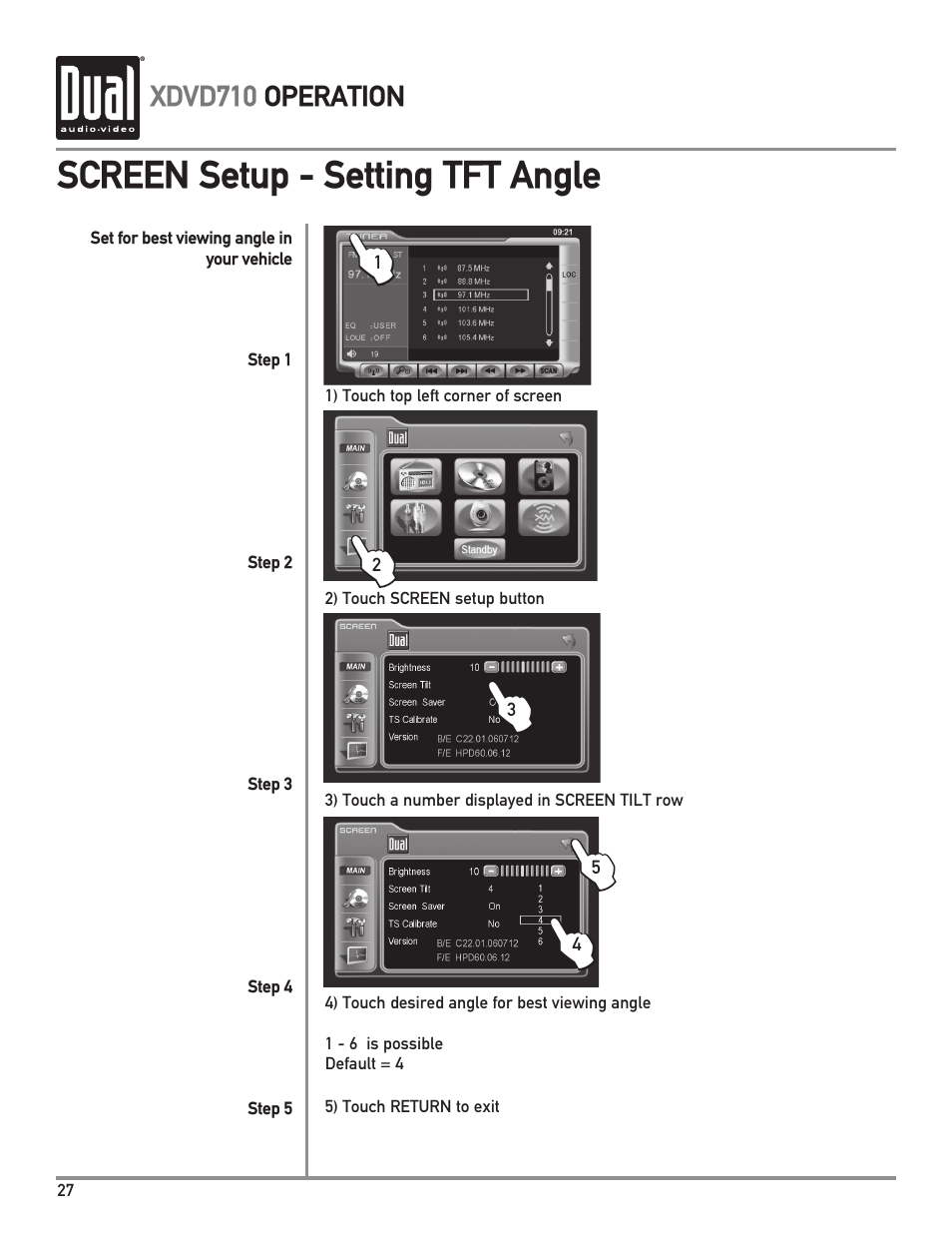 Screen setup - setting tft angle | Dual XDVD710 User Manual | Page 28 / 60