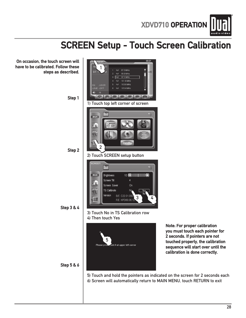 Screen setup - touch screen calibration | Dual XDVD710 User Manual | Page 29 / 60