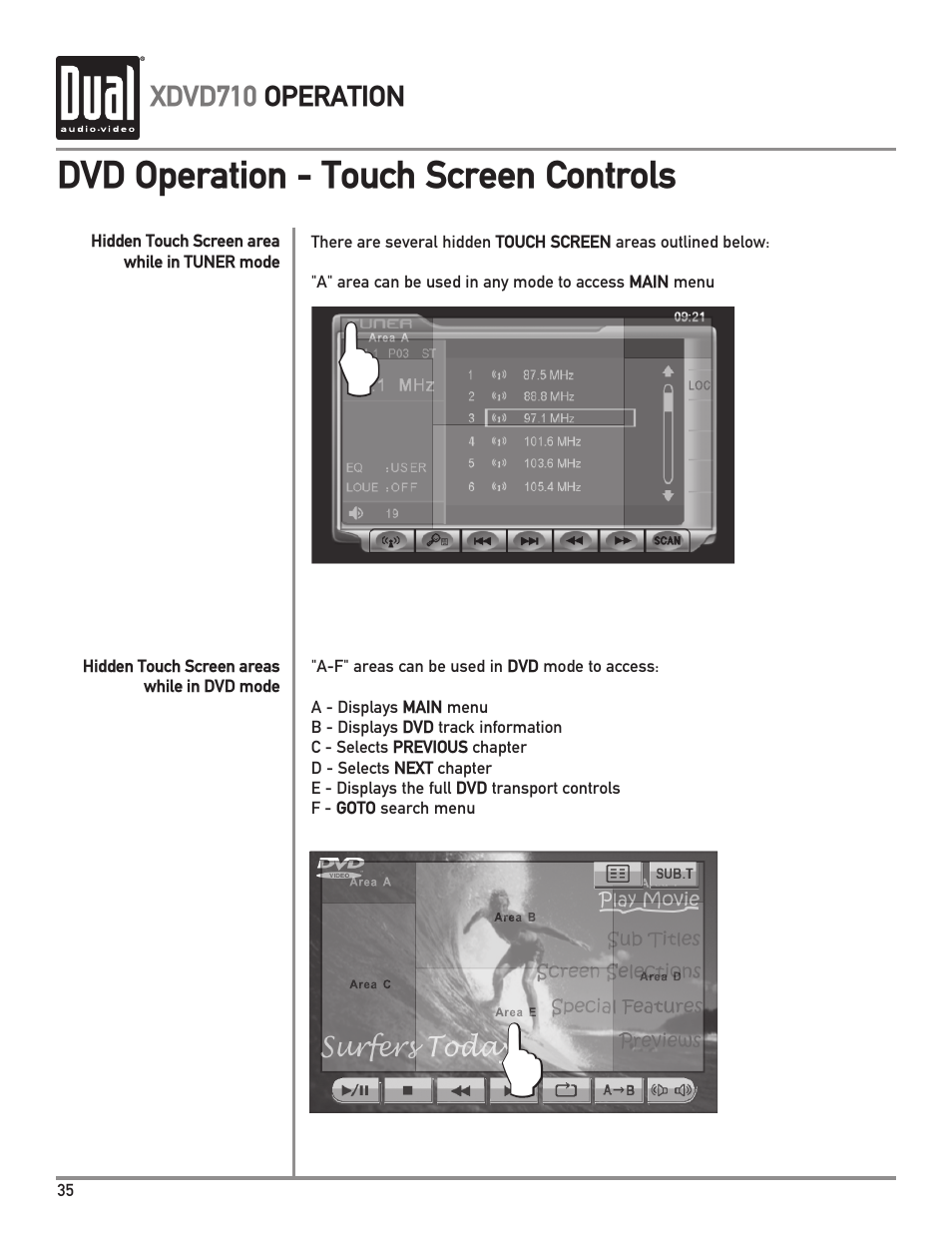 Dvd operation - touch screen controls | Dual XDVD710 User Manual | Page 36 / 60