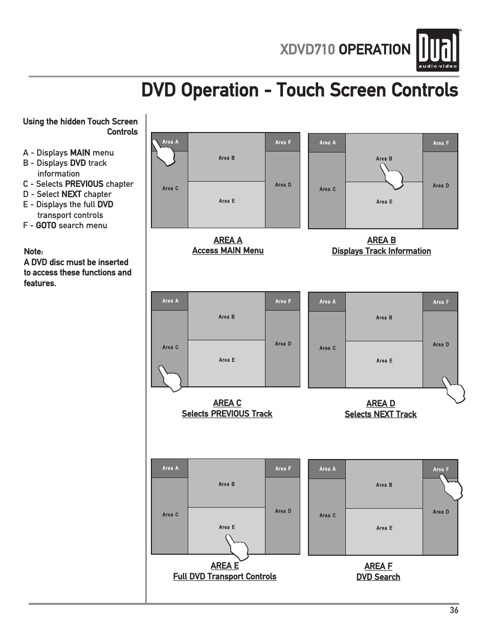 Dvd operation - touch screen controls | Dual XDVD710 User Manual | Page 37 / 60