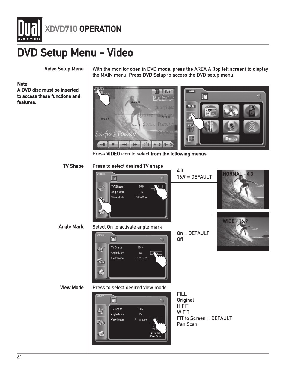 Dvd setup menu - video, Xdvd710 operation | Dual XDVD710 User Manual | Page 42 / 60