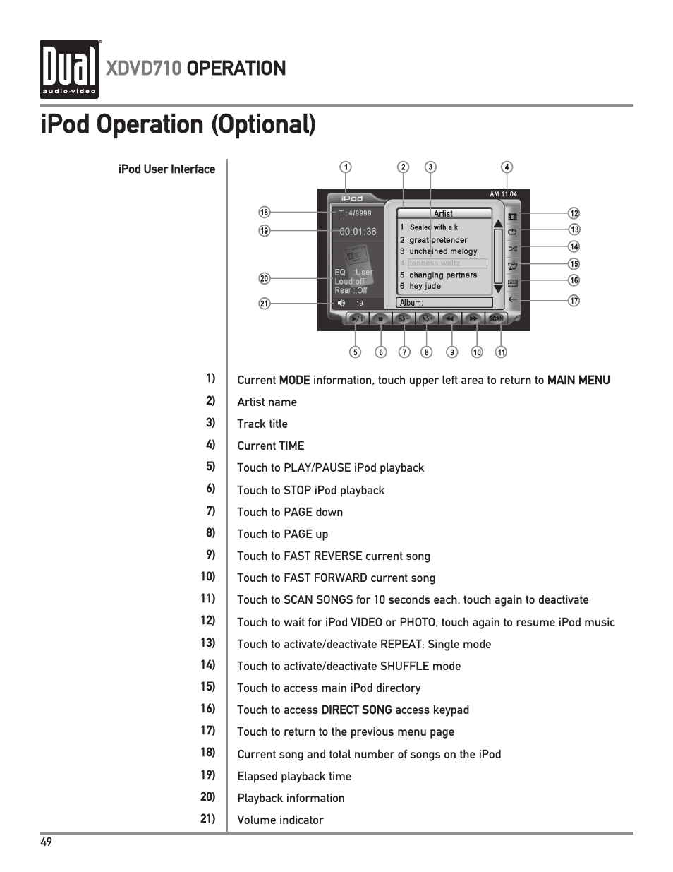 Ipod operation (optional), Xdvd710 operation | Dual XDVD710 User Manual | Page 50 / 60