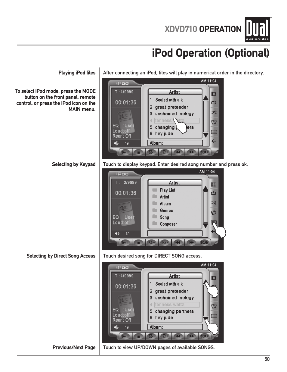 Ipod operation (optional) | Dual XDVD710 User Manual | Page 51 / 60