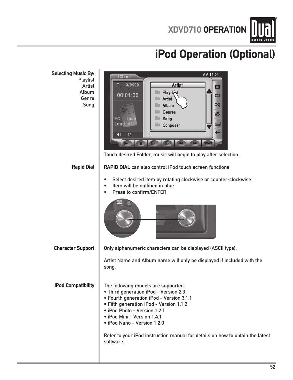 Ipod operation (optional), Xdvd710 operation | Dual XDVD710 User Manual | Page 53 / 60