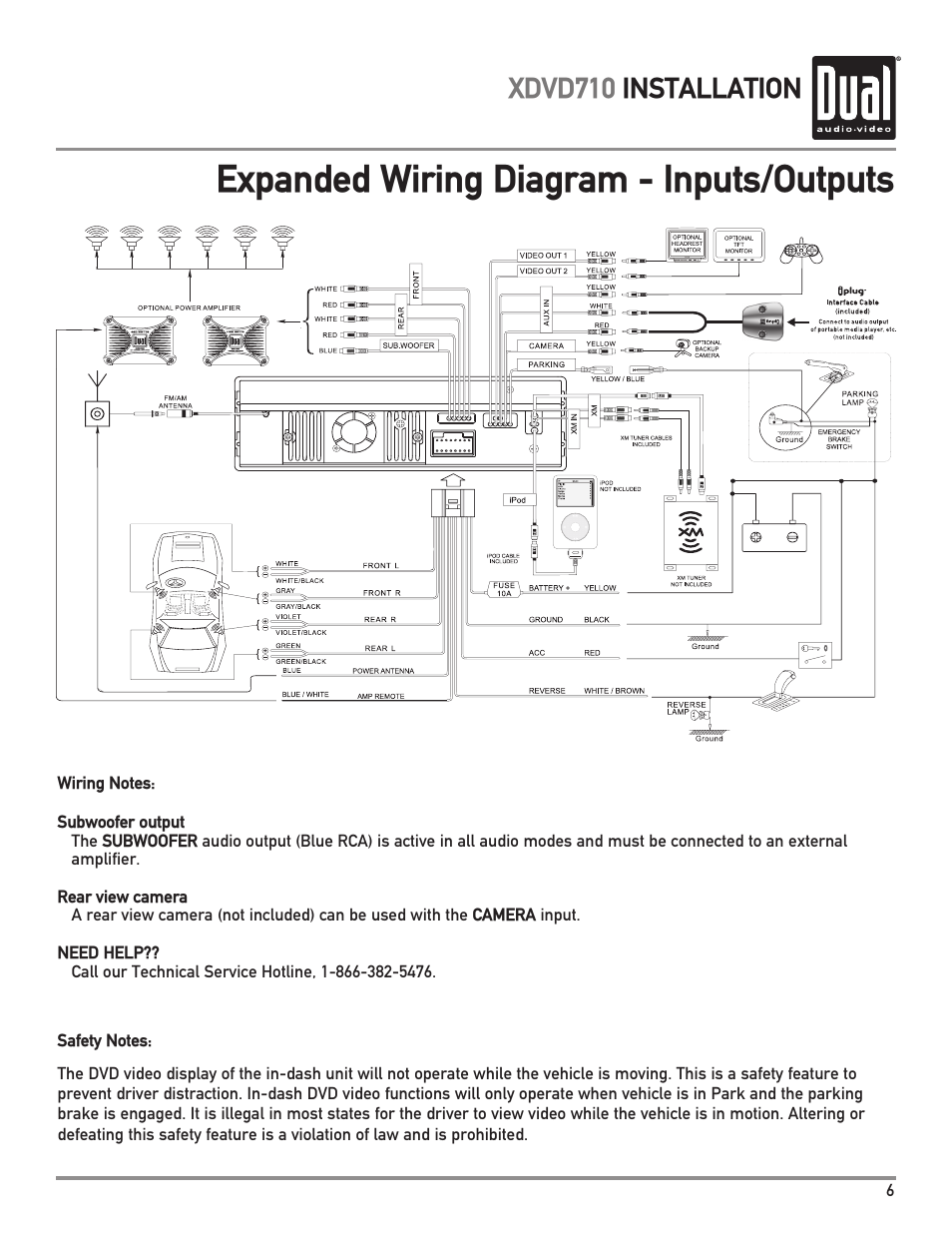 Expanded wiring diagram - inputs/outputs, Xdvd710 installation | Dual XDVD710 User Manual | Page 7 / 60