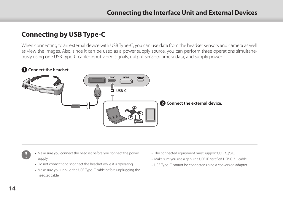 Connecting by usb type-c, Connecting by usb type, C" p.14 | Connecting by usb type-c" p.14, Connecting the interface unit and external devices | Epson Moverio BT-35E Smart Glasses User Manual | Page 14 / 41
