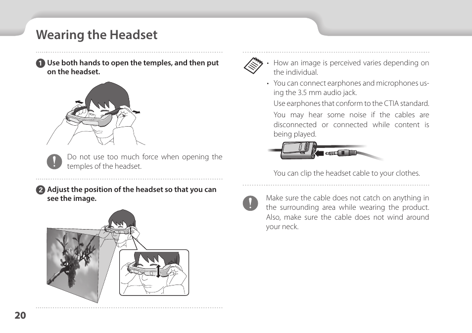 Wearing the headset, Wearing the headset" p.20, 01_chapter title | 01_head a | Epson Moverio BT-35E Smart Glasses User Manual | Page 20 / 41