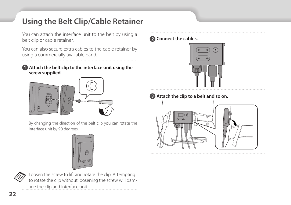 Using the belt clip/cable retainer, Using the belt clip/cable re, Tainer" p.22 | 01_chapter title, 01_head a | Epson Moverio BT-35E Smart Glasses User Manual | Page 22 / 41