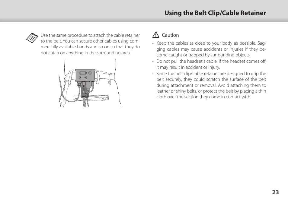 Using the belt clip/cable retainer | Epson Moverio BT-35E Smart Glasses User Manual | Page 23 / 41