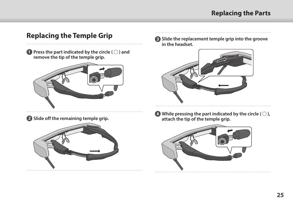 Replacing the temple grip, Replacing the temple grip" p.25, 01_chapter title | 01_head a, Replacing the parts | Epson Moverio BT-35E Smart Glasses User Manual | Page 25 / 41
