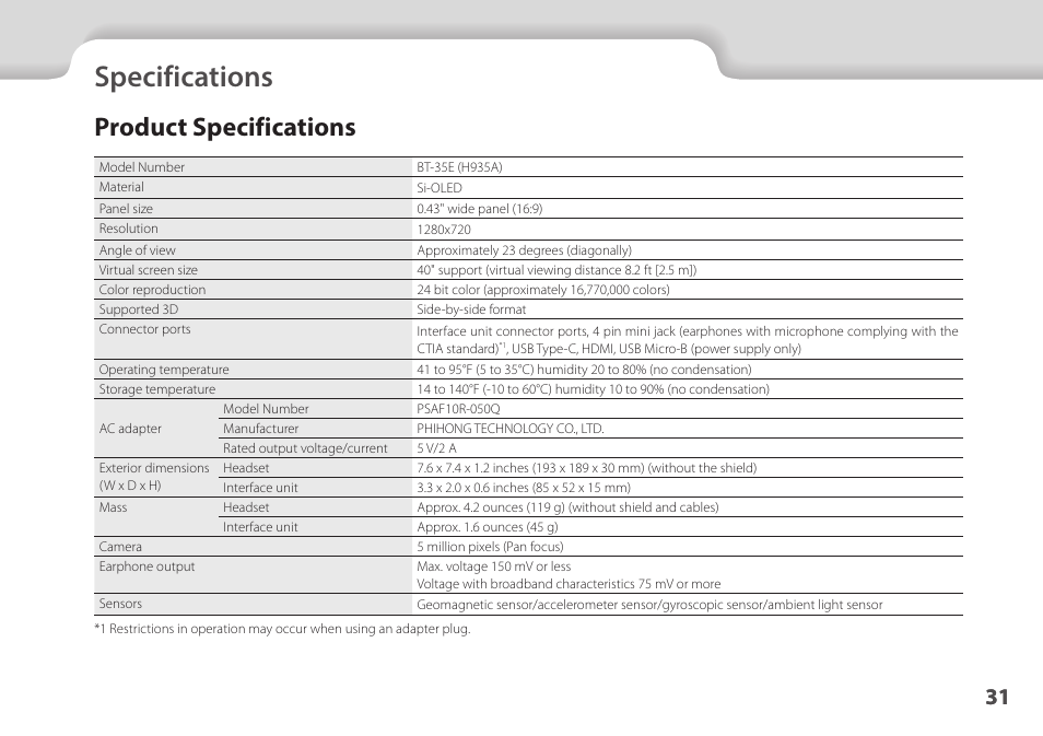 Specifications, Product specifications, 01_chapter title | 01_head a | Epson Moverio BT-35E Smart Glasses User Manual | Page 31 / 41