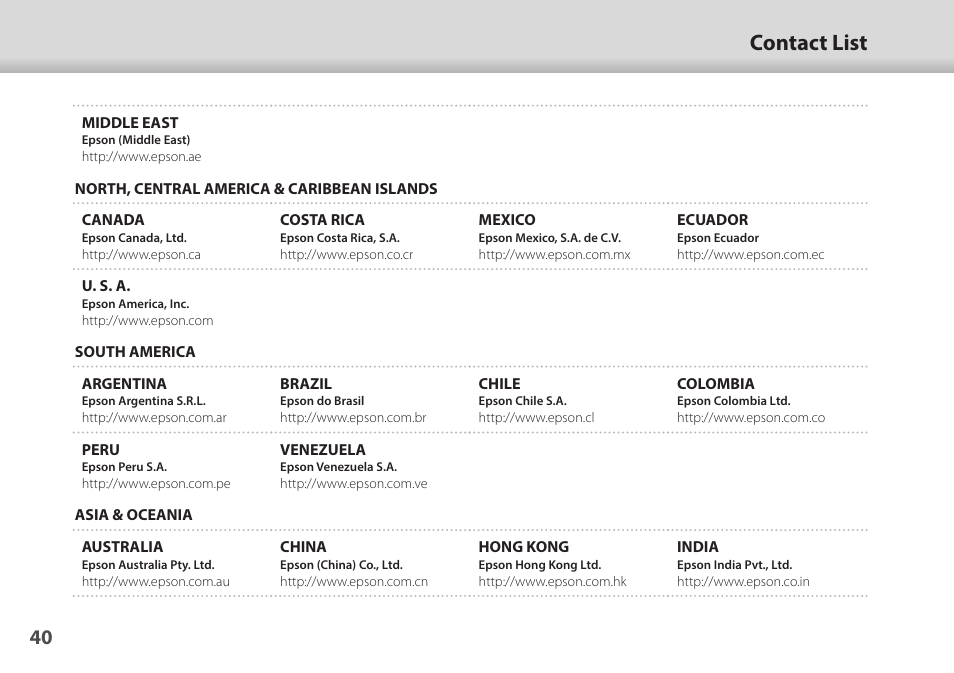 Contact list | Epson Moverio BT-35E Smart Glasses User Manual | Page 40 / 41