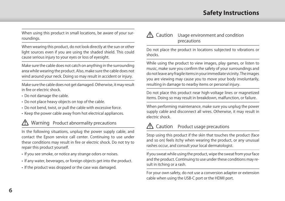 Safety instructions | Epson Moverio BT-35E Smart Glasses User Manual | Page 6 / 41