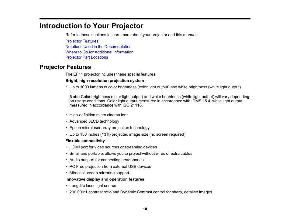 Introduction to your projector, Projector features | Epson EpiqVision Mini EF11 1000-Lumen Full HD Laser 3LCD Projector User Manual | Page 10 / 138