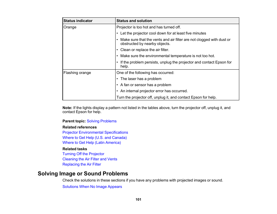 Solving image or sound problems | Epson EpiqVision Mini EF11 1000-Lumen Full HD Laser 3LCD Projector User Manual | Page 101 / 138