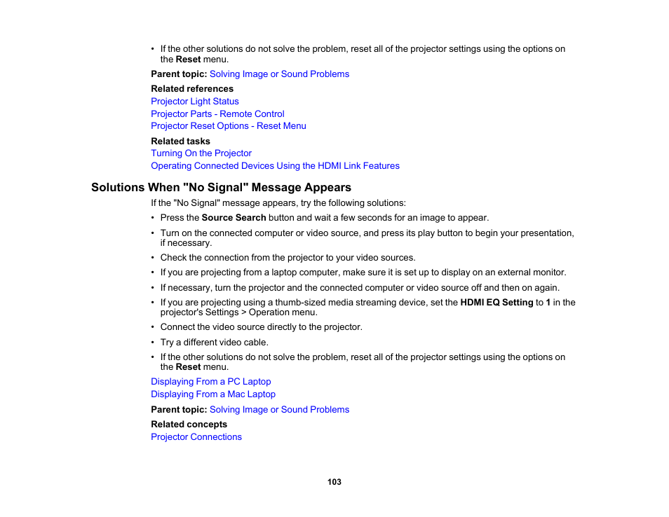 Solutions when "no signal" message appears | Epson EpiqVision Mini EF11 1000-Lumen Full HD Laser 3LCD Projector User Manual | Page 103 / 138