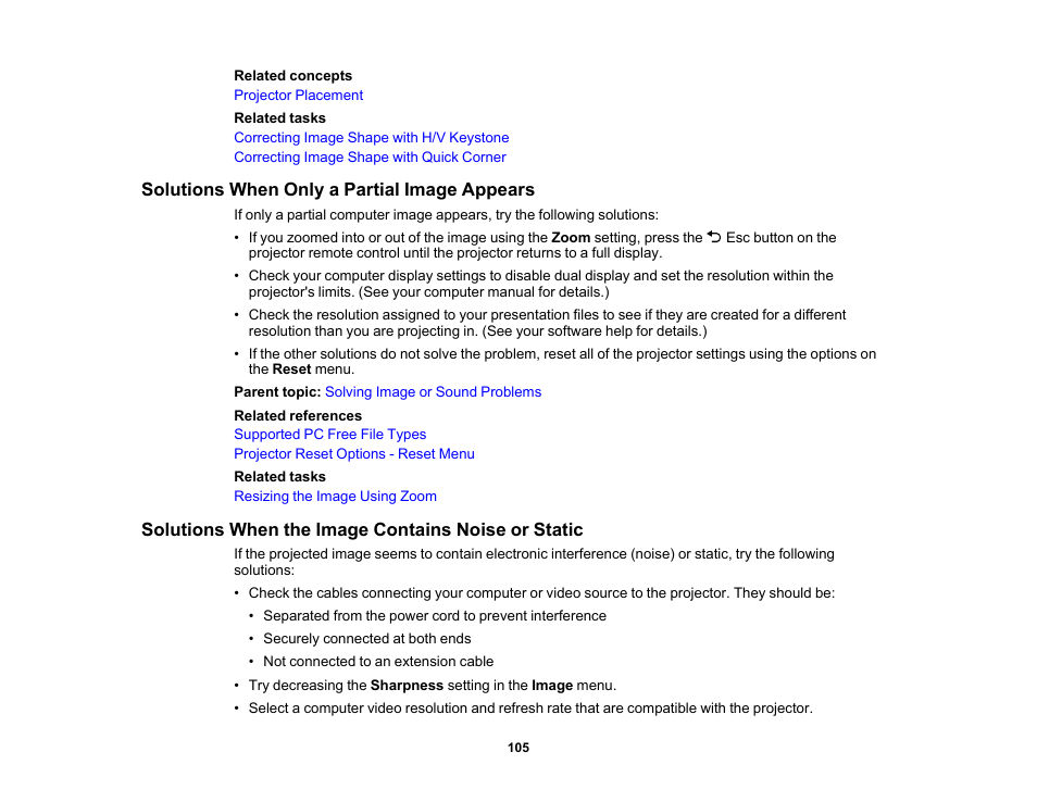 Solutions when only a partial image appears, Solutions when the image contains noise or static | Epson EpiqVision Mini EF11 1000-Lumen Full HD Laser 3LCD Projector User Manual | Page 105 / 138